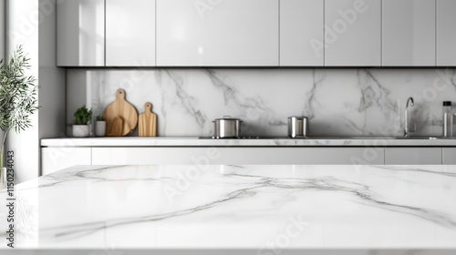 White stone marble table top with kitchen interior background. Empty copy space for text or display product