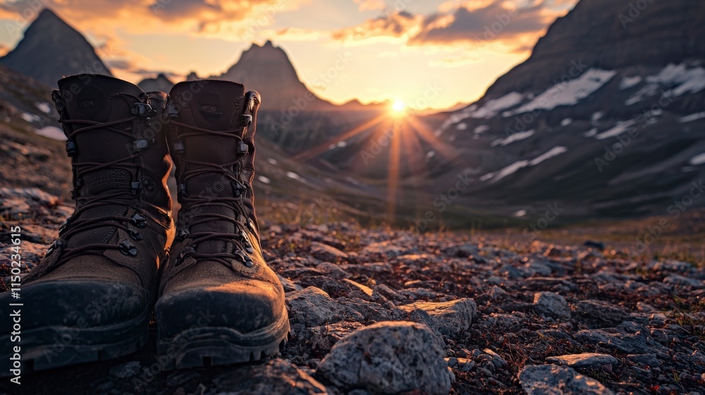 Hiking adventure on rocky mountain path at sunset outdoor photography natural landscape close-up view Hiking adventure on rocky mountain path at sunset outdoor photography natural landscape close-up view