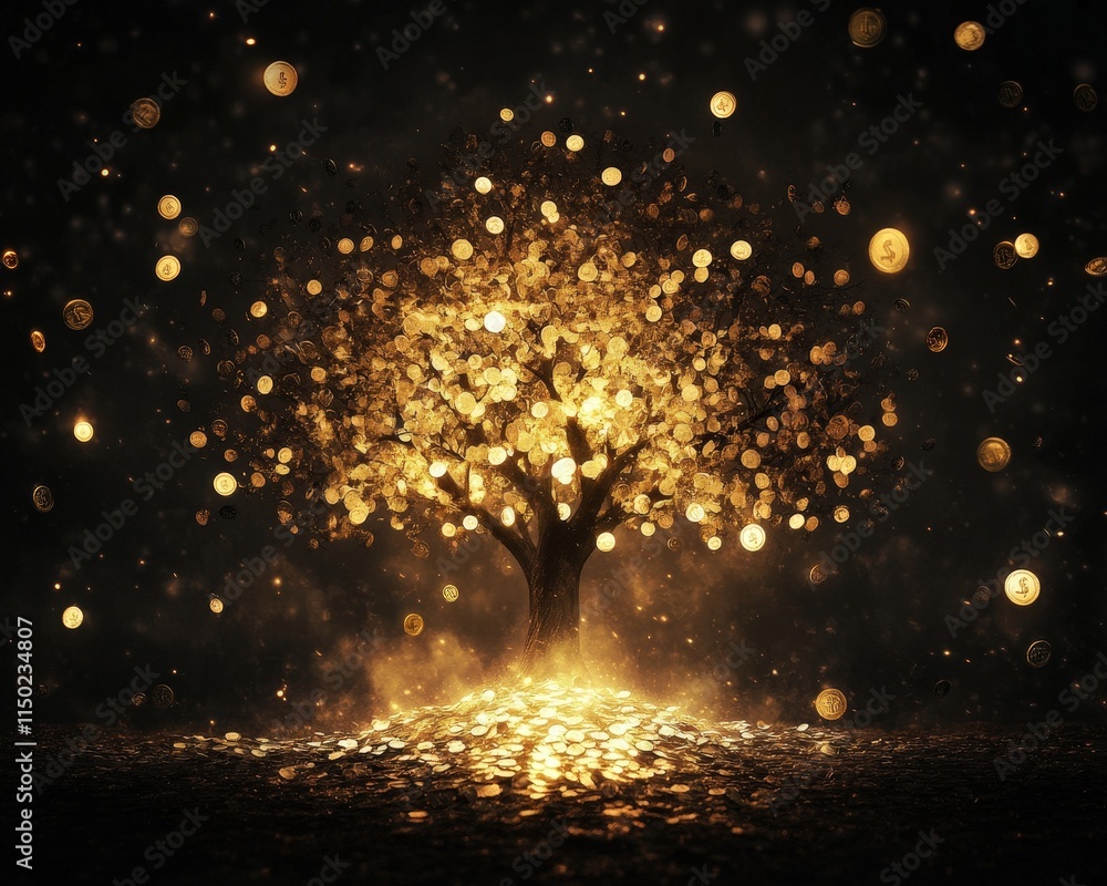 Naklejka premium A glowing tree radiates golden light amidst a dark background, creating a magical and enchanting atmosphere.