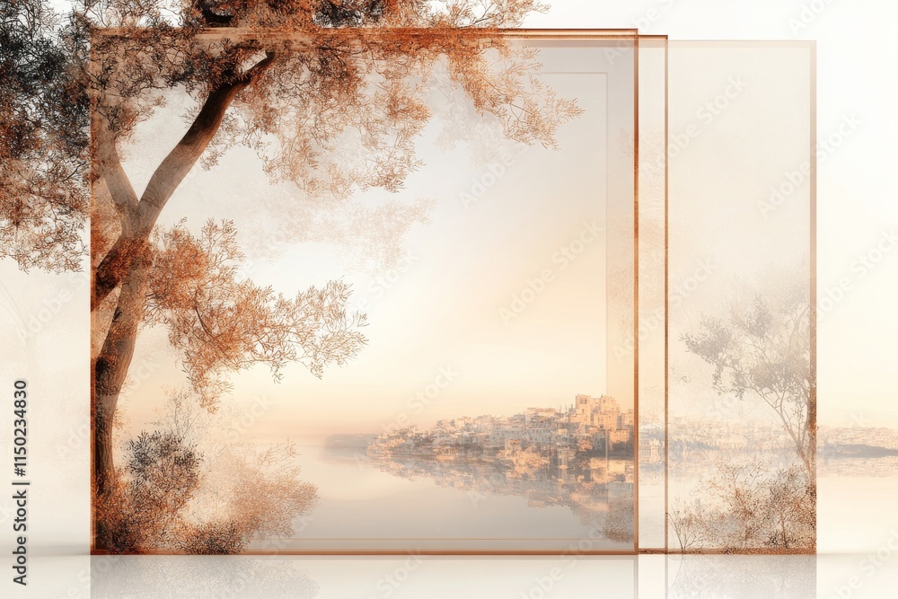 Artistic representation of a tranquil lakeside town with transparent overlays of trees and buildings at dawn Artistic representation of a tranquil lakeside town with transparent overlays of trees and buildings at dawn