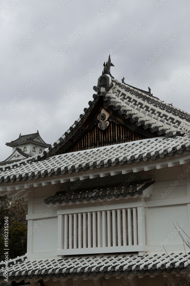 Himeji, Japan - March 06, 2024: closeup gated windows gurad house Himeji, Japan - March 06, 2024: closeup gated windows gurad house