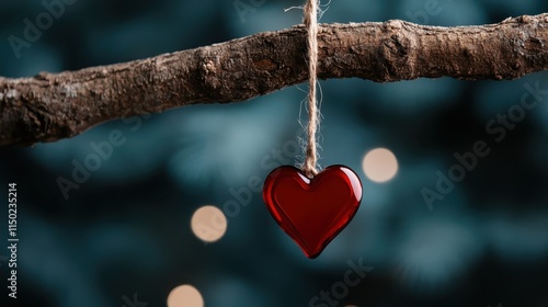 Elegant red heart ornament hangs gracefully against a textured wooden branch, against a softly blurred green foliage backdrop, conveying sentiments of love and peace. photo