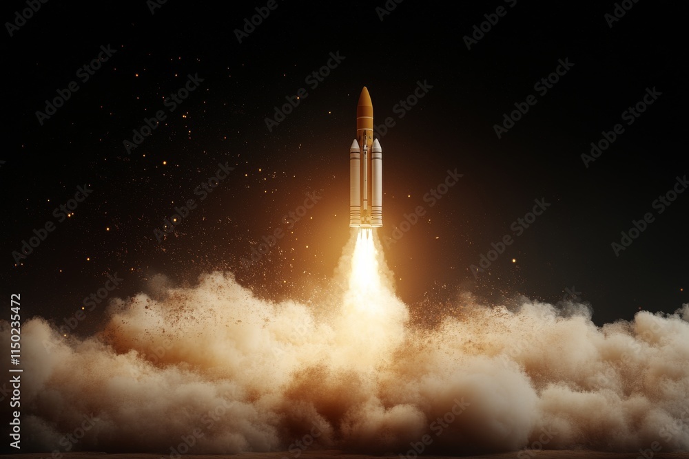 Rocket launch at night with powerful flames and smoke rising into the sky against a dark backdrop Rocket launch at night with powerful flames and smoke rising into the sky against a dark backdrop