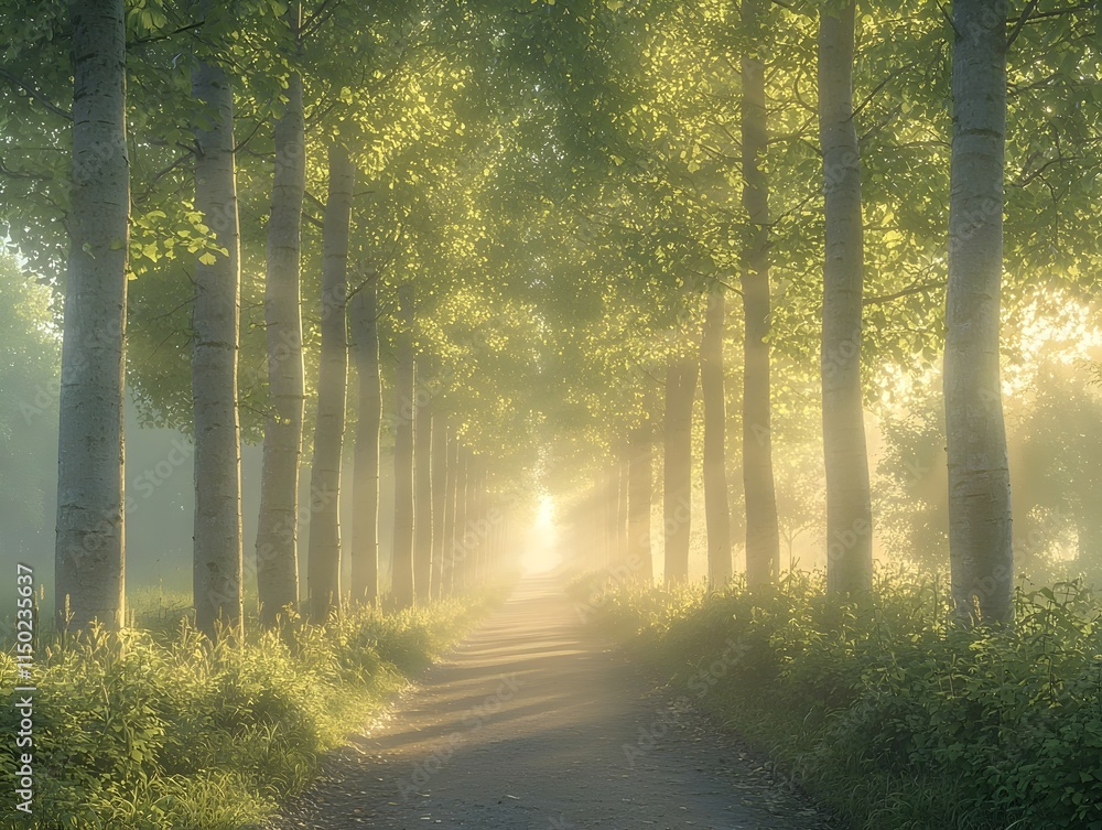Fototapeta premium A tranquil pathway lined with tall green trees, bathed in gentle morning light, creates a serene and inviting atmosphere in this enchanting forest setting.