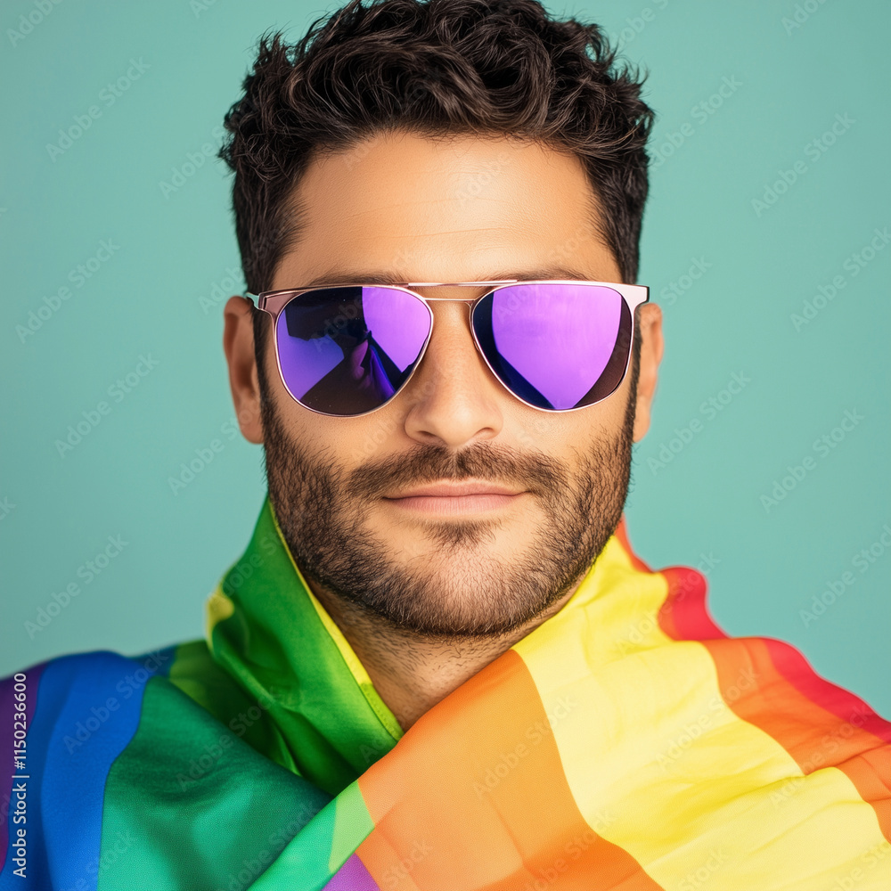 Proud Men with Rainbow Flags and Reflective Sunglasses Celebrating Diversity Proud Men with Rainbow Flags and Reflective Sunglasses Celebrating Diversity