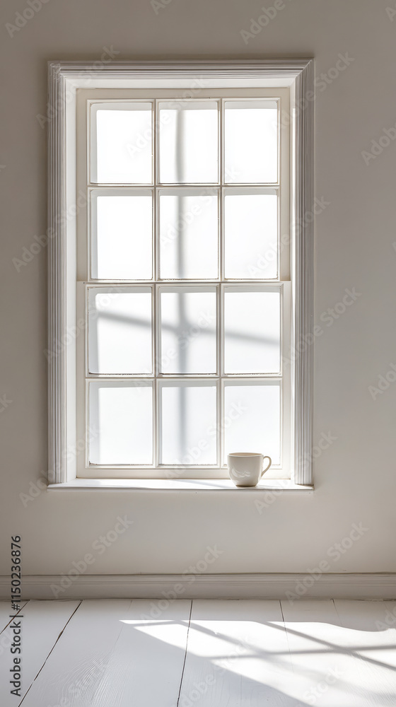Bright light streams through a window highlighting a white mug on the sill in a serene interior Bright light streams through a window highlighting a white mug on the sill in a serene interior