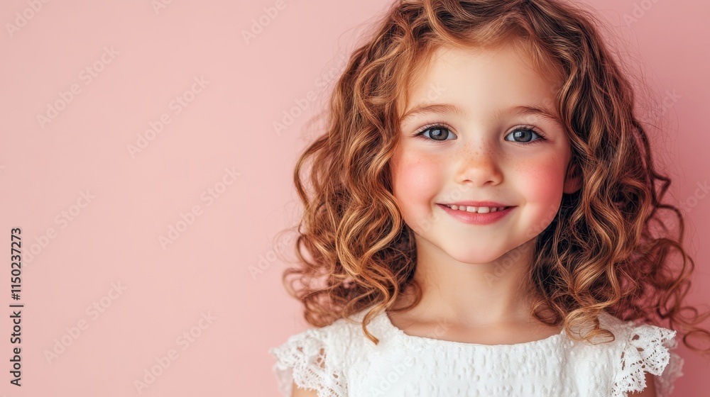 A close-up portrait of a cute smiling girl with curly hair, wearing a white dress, against a pastel pink background with plenty of copy space. A close-up portrait of a cute smiling girl with curly hair, wearing a white dress, against a pastel pink background with plenty of copy space.
