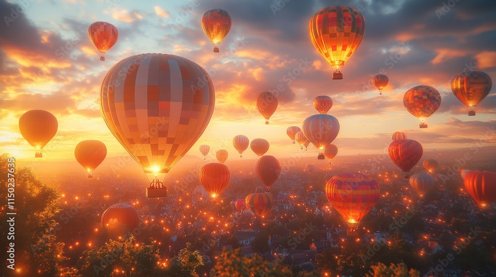 Fototapeta premium Sunset hot air balloons over illuminated town.