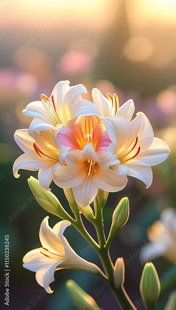 Fototapeta premium A stunning close-up of beautiful Alstroemerias flowers bathed in gentle morning light. Created with generative AI 