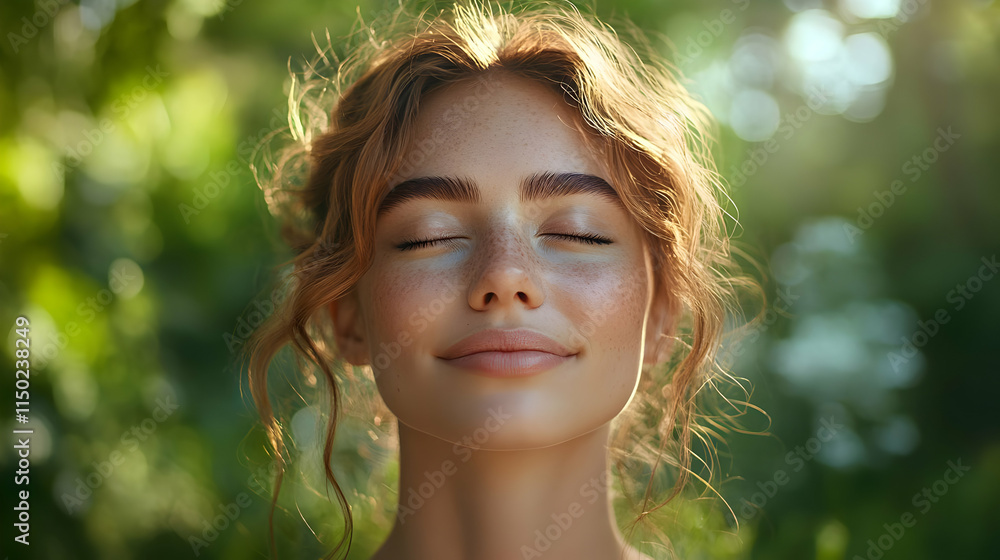 Woman Deep Breathing Exercises Bokeh Background Relaxation Mental Wellness Copy Space Left Woman Deep Breathing Exercises Bokeh Background Relaxation Mental Wellness Copy Space Left
