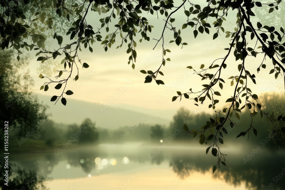 Fototapeta premium Tranquil morning at a riverbank surrounded by lush foliage and misty hills in early sunrise light