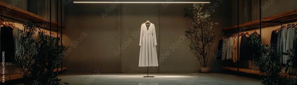 Naklejka premium Trendy clothing display in modern interior with plants.