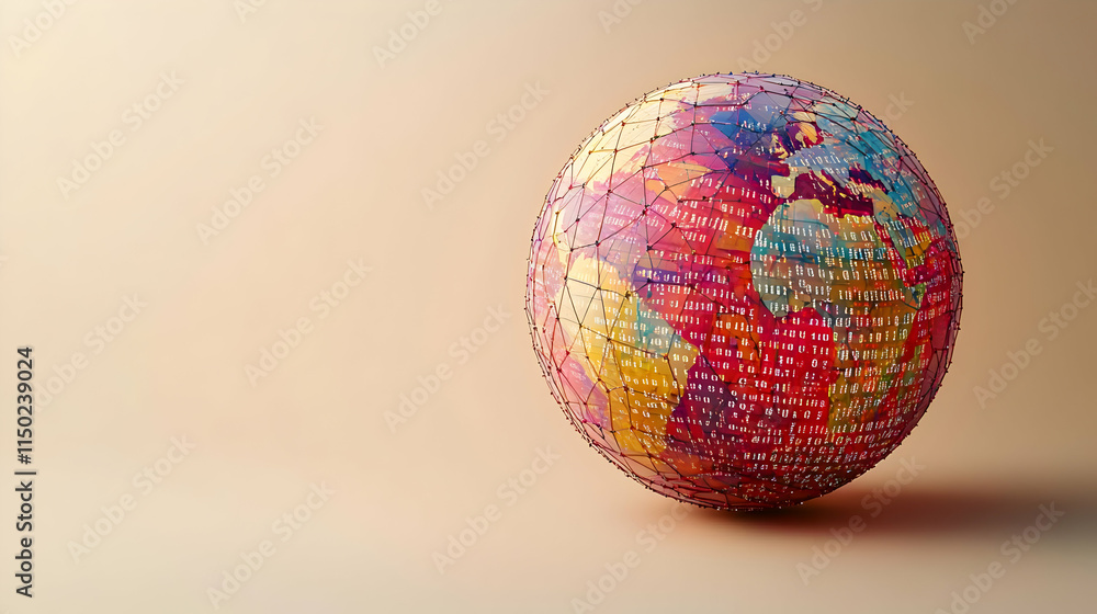 Obraz premium 3D Globe Interconnected Binary Code on Plain Background - Digital Global Data Network Concept