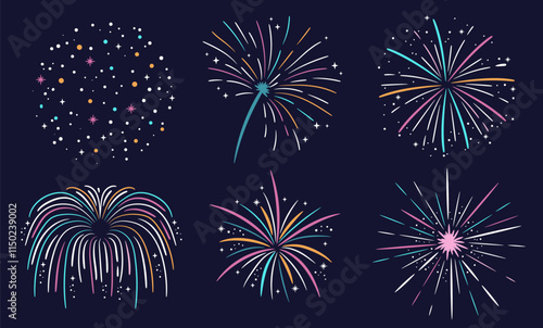 Colorful fireworks and stars hand drawn decor elements collection. Doodle sketch on purple background. Linear vector explosions set.
