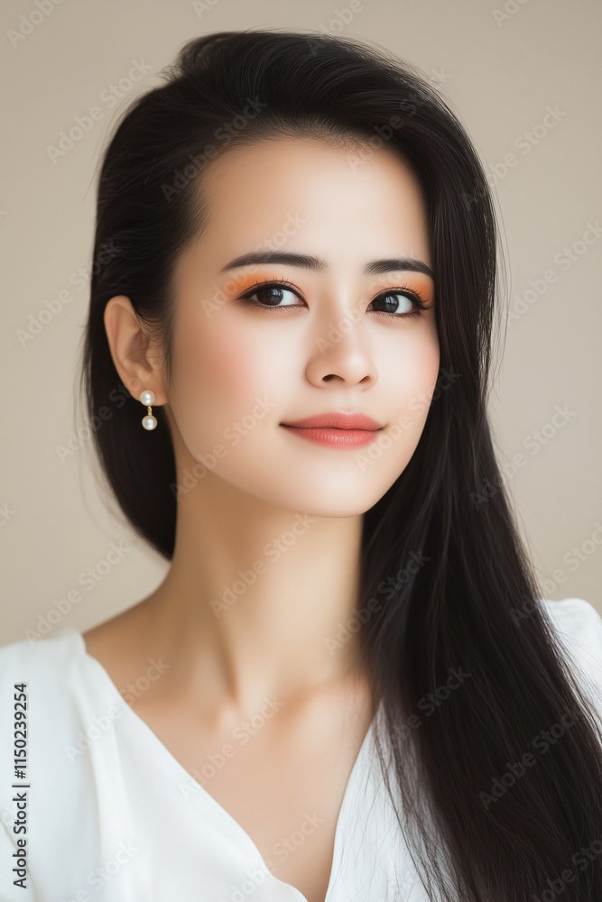Fototapeta premium Portrait of a Young Woman with Long Black Hair in White Blouse and Elegant Earrings