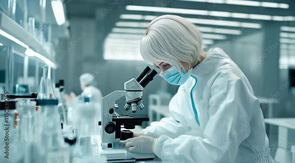 Scientist woman working with microscope in laboratory. Medical and pharmaceutical research and development concept. Scientist woman working with microscope in laboratory. Medical and pharmaceutical research and development concept.