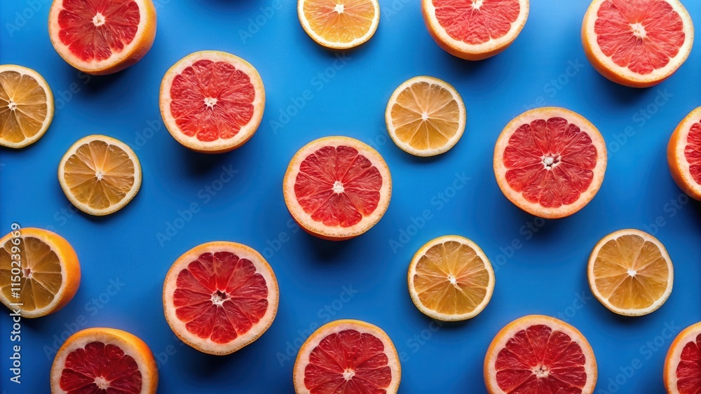 Vibrant citrus fruit halves arranged in a symmetrical pattern on a bright blue background, showcasing juicy grapefruit and lemon slices Vibrant citrus fruit halves arranged in a symmetrical pattern on a bright blue background, showcasing juicy grapefruit and lemon slices