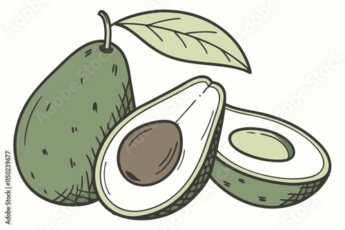 Avocado, Whole avocado, halves of avocado and leaf for decoration vector silhouette on a white background