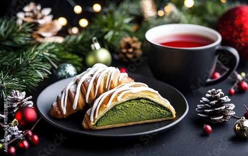 A festive display of a green-filled pastry and a cup of tea, surrounded by Christmas decorations, creating a warm holiday atmosphere.