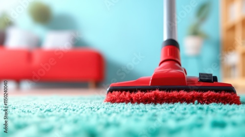 A red vacuum cleaner is tidying up a plush teal carpet in a cozy room, suggesting cleanliness and modern domestic harmony with a colorful touch. photo