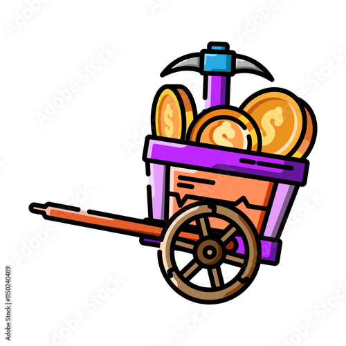 Cartoon Gold Mine Cart, A whimsical illustration of a mine cart overflowing with gold coins, a pickaxe, and a vibrant color palette.