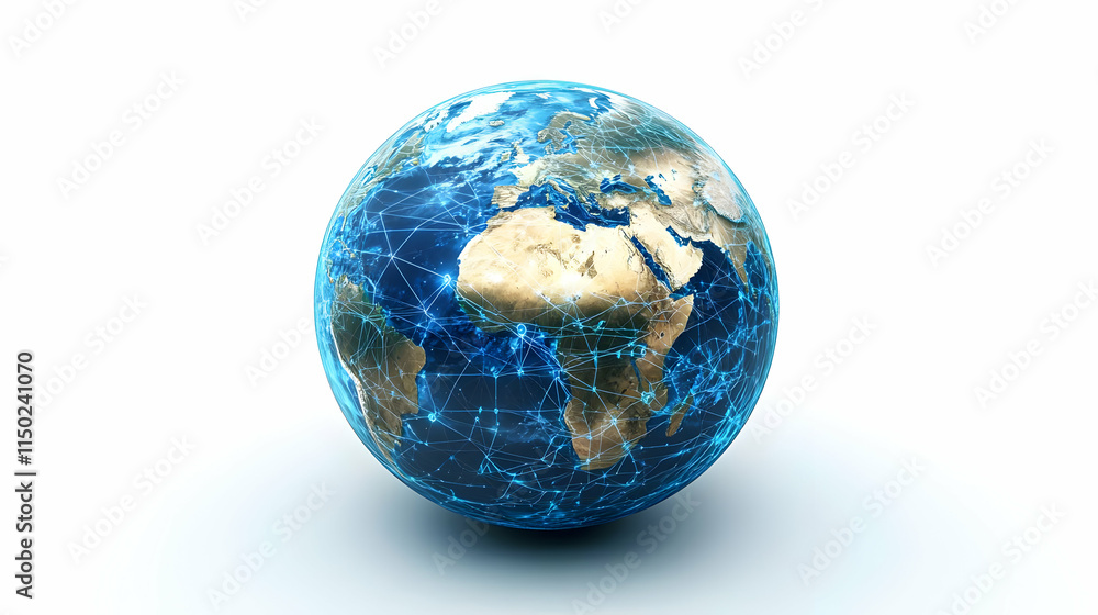 Glossy Earth with Network Connections on White Background Symbolizing Global Connectivity and Smart City Glossy Earth with Network Connections on White Background Symbolizing Global Connectivity and Smart City