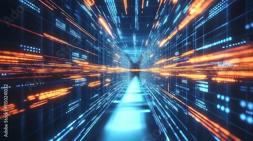 Wallpaper Mural Abstract digital data stream futuristic neon tunnel concept with blue and orange lights : Generative AI Torontodigital.ca