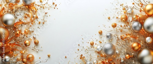 Decorative holiday ornaments with gold and silver accents on a shimmering background