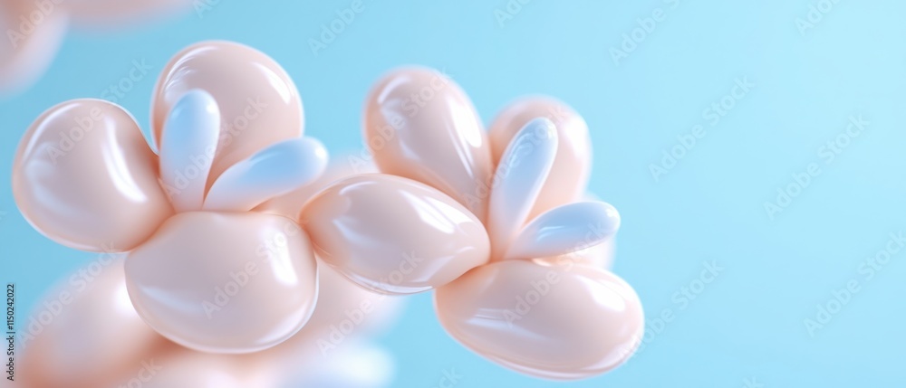 A close-up of decorative nail art featuring pastel pink and white designs against a soft blue background. A close-up of decorative nail art featuring pastel pink and white designs against a soft blue background.