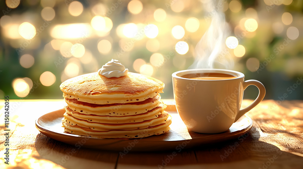 Bokeh Digital Art of Pancakes and Coffee on Cozy Kitchen Table Morning Light Bokeh Digital Art of Pancakes and Coffee on Cozy Kitchen Table Morning Light
