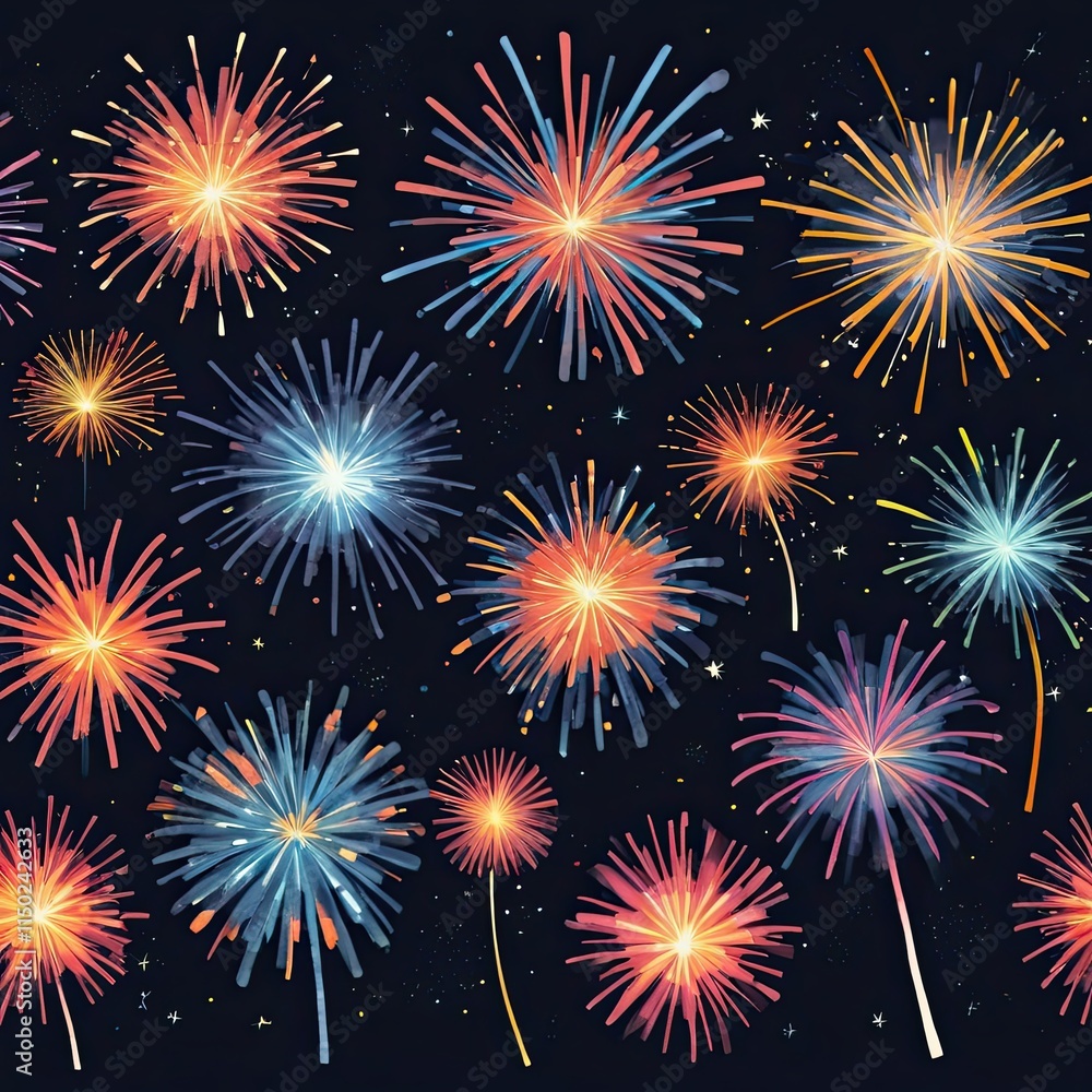 Vibrant fireworks light up the night sky in a dazzling display of color and light. A festive and celebratory scene. Vibrant fireworks light up the night sky in a dazzling display of color and light. A festive and celebratory scene.