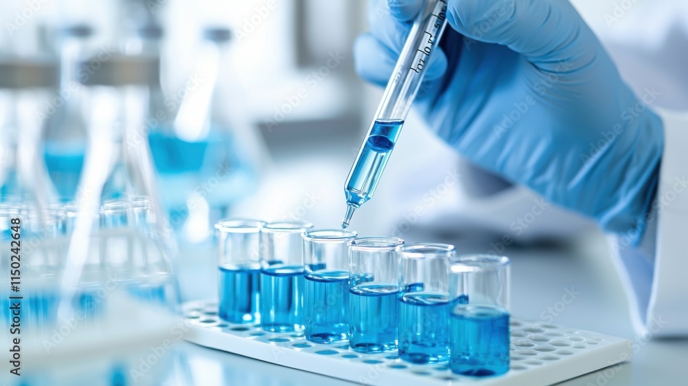 Laboratory hand using pipette over test tubes with blue liquid. Laboratory hand using pipette over test tubes with blue liquid.