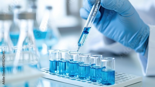 Laboratory hand using pipette over test tubes with blue liquid.