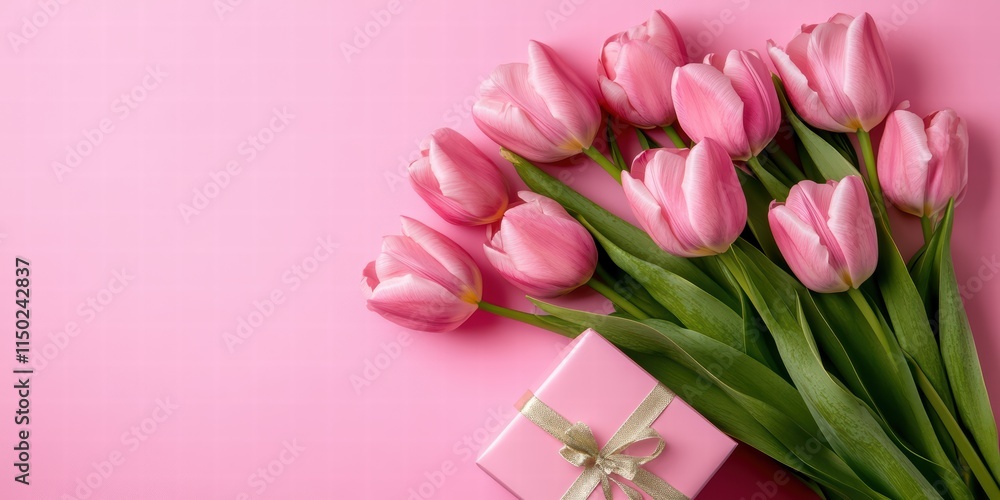 Fototapeta premium Pink Tulips Bouquet with Gift Box on Soft Pink Background