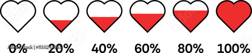Love, Heart meter, rating. Collection of heart with loading progress. Vector illustration 