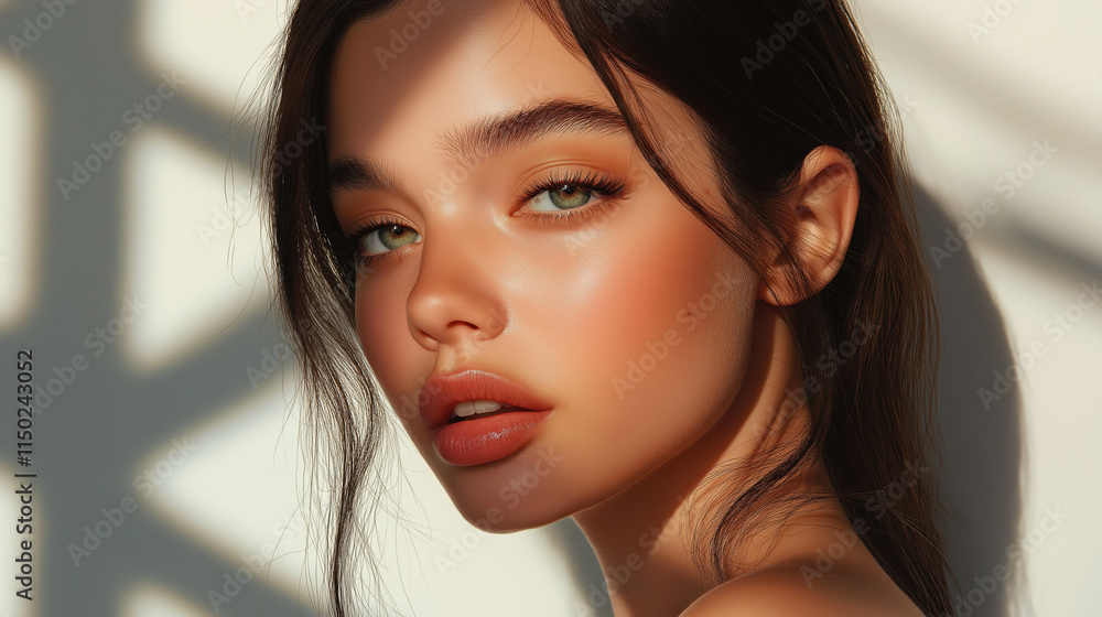 Woman face with bronzed skin and window shadow. Beauty and cosmetics advertising Woman face with bronzed skin and window shadow. Beauty and cosmetics advertising
