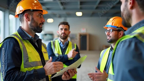 Team meeting of engineers, architects, and safety personnel planning civil work execution at construction site