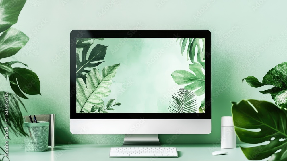 Serene Green Workspace: iMac with Tropical Leaves Wallpaper Serene Green Workspace: iMac with Tropical Leaves Wallpaper