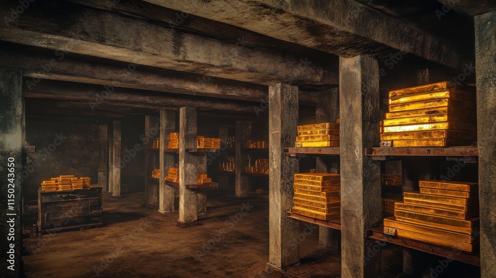 Dark and Mysterious Underground Vault Filled with Shiny Gold Bars Highlighting Wealth and Security in a Timeless Setting Dark and Mysterious Underground Vault Filled with Shiny Gold Bars Highlighting Wealth and Security in a Timeless Setting