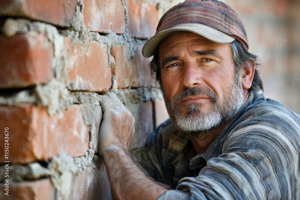 Obraz premium Candid Portrait of Man Taking Break Beside Brick Wall