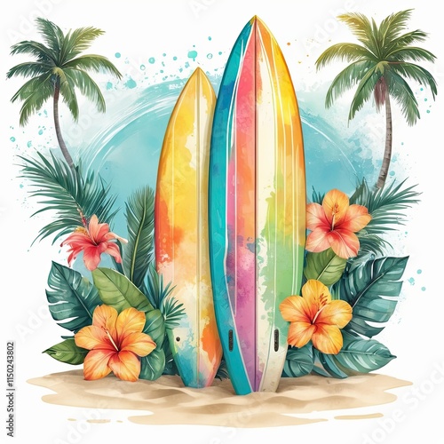 Two vibrant surfboards stand nestled amongst tropical foliage, creating a summery beach scene.  The watercolor style adds a touch of whimsy.