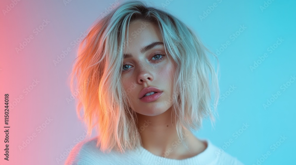 A serene woman with short blonde hair softly gazes against a calming blue and pink gradient, capturing a blend of tranquility and contemporary visual appeal. A serene woman with short blonde hair softly gazes against a calming blue and pink gradient, capturing a blend of tranquility and contemporary visual appeal.
