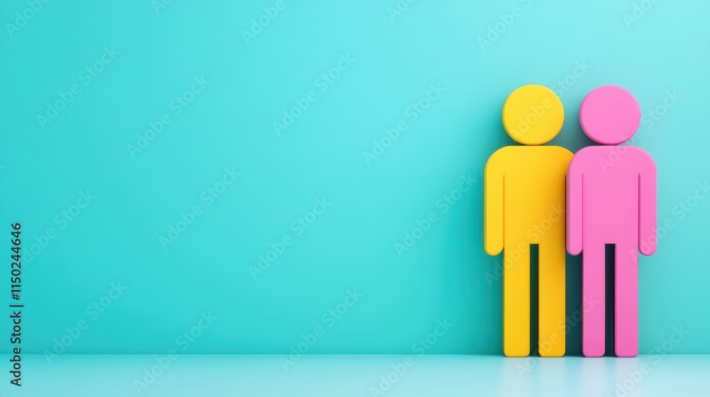 Two stylized figures, one yellow and one pink, stand side by side against a bright blue background, symbolizing friendship or partnership. Two stylized figures, one yellow and one pink, stand side by side against a bright blue background, symbolizing friendship or partnership.
