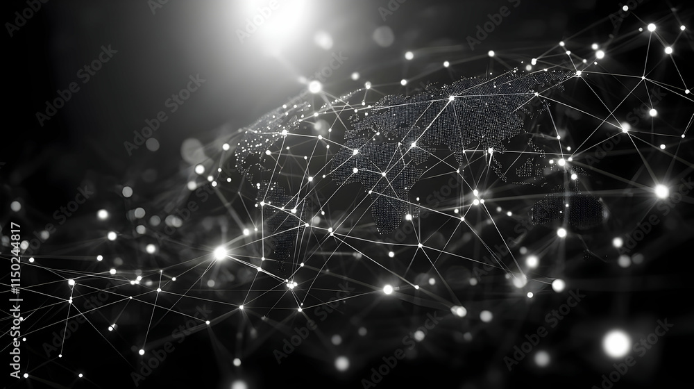 Fototapeta premium Plain background with glowing network lines connecting continents concept as An image depicting glowing network lines connecting different continents on a plain background with ample copy space. This 