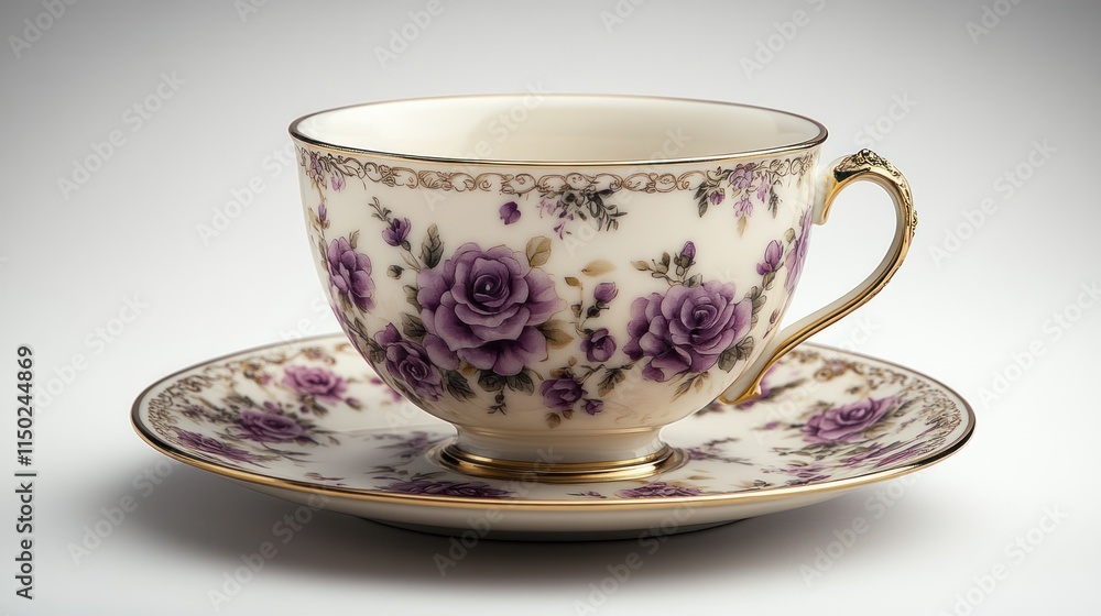 Elegant teacup and saucer with purple roses and gold trim. Elegant teacup and saucer with purple roses and gold trim.