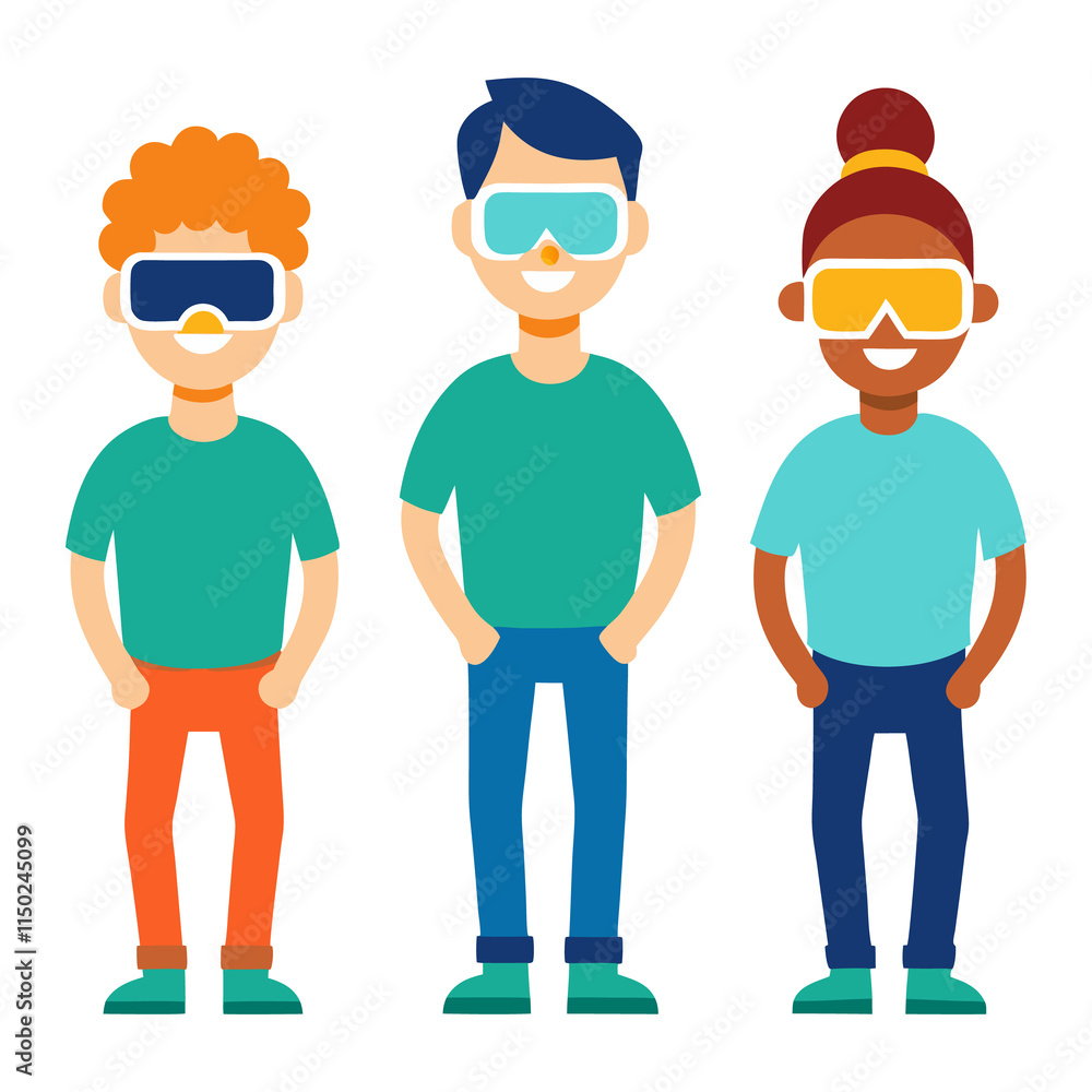Exploring Virtual Worlds: Vector Illustrations of Young People with VR Glasses Exploring Virtual Worlds: Vector Illustrations of Young People with VR Glasses