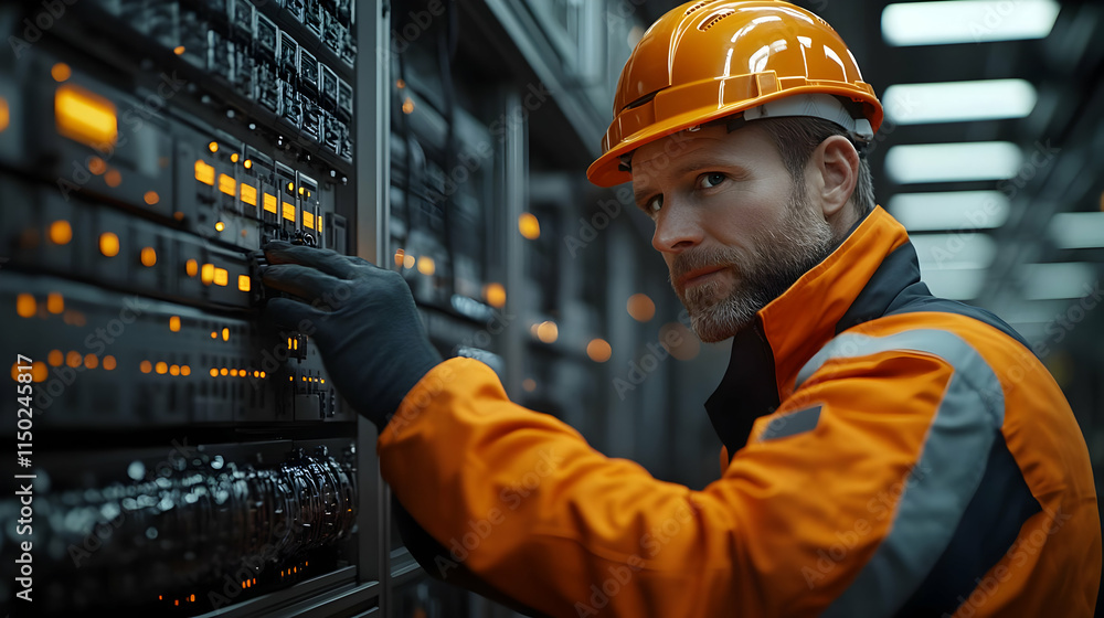 Engineer Adjusting AI Controlled Machinery in Modern Factory Environment Engineer Adjusting AI Controlled Machinery in Modern Factory Environment