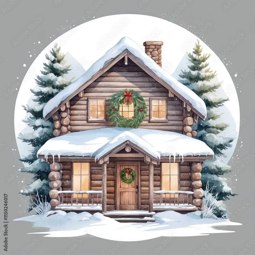 Cozy log cabin covered in snow, adorned with festive wreaths, glowing warmly in the winter wonderland. A perfect Christmas scene. Cozy log cabin covered in snow, adorned with festive wreaths, glowing warmly in the winter wonderland. A perfect Christmas scene.