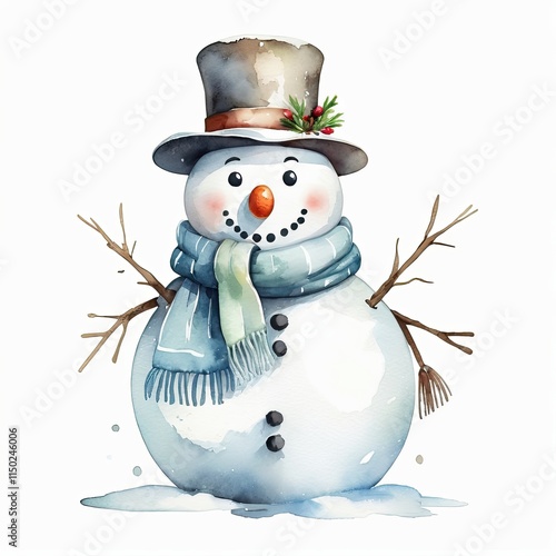 Charming watercolor snowman wearing a top hat and scarf. Festive winter illustration, perfect for holiday cards or decorations.