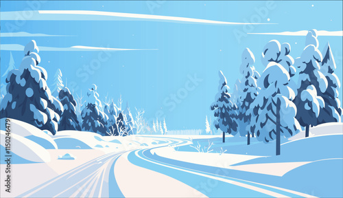 A serene winter landscape featuring a snow-covered forest and a winding path under a clear blue sky.